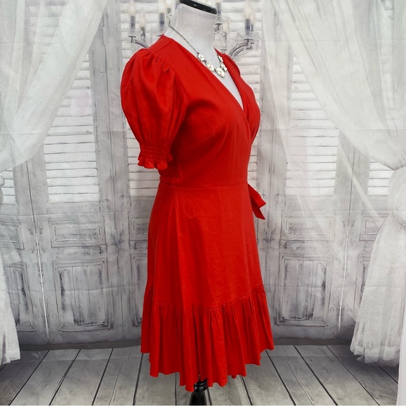 Antonio Melani Solid Red Linen Surplice V-Neck Short Puff Sleeve Wrap Tie Dress - Picture 6 of 15
